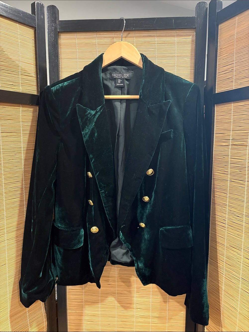 Rachel Zoe Deep Green Velvet Double-Breasted Blazer with Gold Buttons